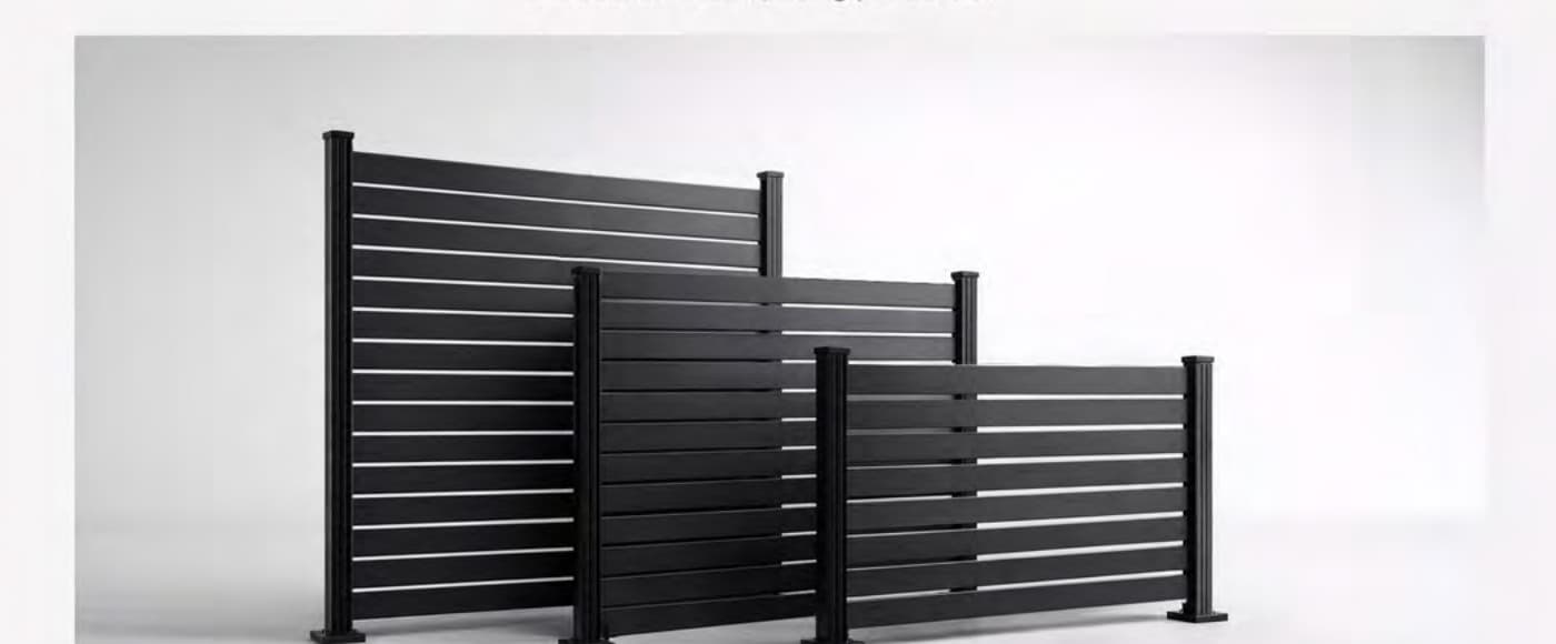 Aluminum slat fence sample with horizontal silver slats in a black frame