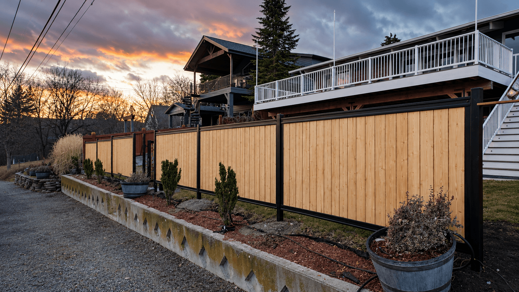 Vertical real wood fence boards installed inside a Perimtec steel frame.