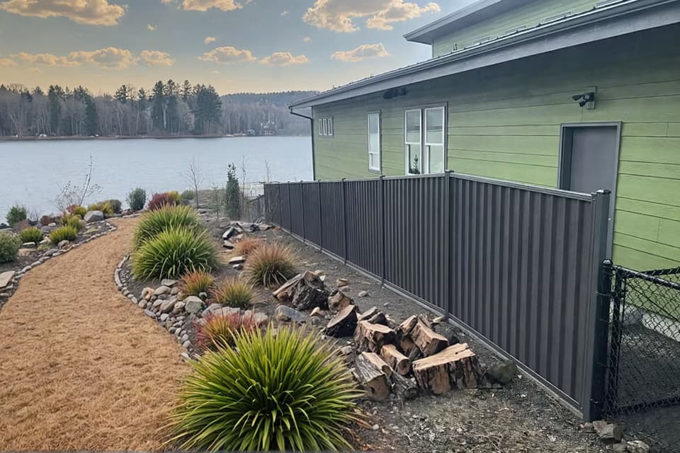 Steel privacy fence system in a clean gray finish with consistent coverage.